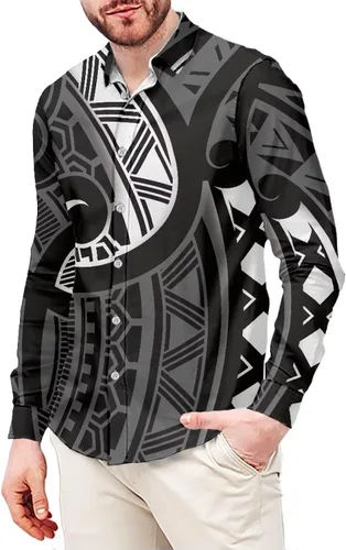 Vista 21 de Camisa polinesia con botones para hombre, Aloha Samoan, patrón tradicional, manga larga, camisa hawaiana para hombre, talla grande, casual