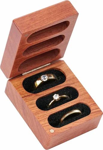 Vista 4 de Caja para anillos de madera con 3 ranuras, caja de madera hecha a mano para anillos de ceremonia de boda, grabada para compromisopropuesta, estuche