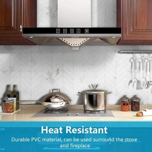 Vista 2 de STICKGOO 1 hoja de azulejos de espiga para despegar y pegar, PVC de mármol blanco para salpicaderos, azulejos de pared autoadhesivos para cocina