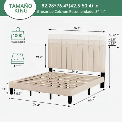 Vista 2 de Base de cama tamaño King con cabecero, cama de plataforma de lino con cabecera tapizada suave de altura ajustable, 10 piezas de soporte de listones