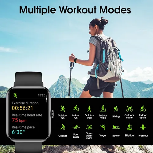 Vista 4 de Reloj inteligente TYKOIT, rastreador de fitness con monitor de frecuencia cardíaca, oxígeno en sangre, rastreador de sueño, reloj inteligente
