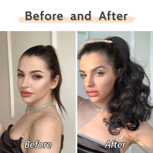 Vista 3 de Extensión de cola de caballo de garra negra natural ondulada de 16 pulgadas, extensiones de cabello sintético rizado con clip, extensiones