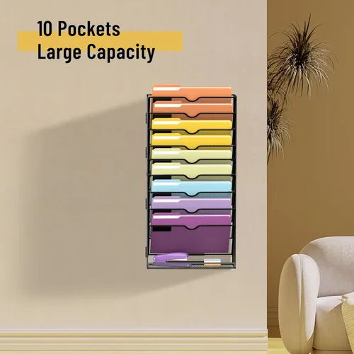 Vista 2 de SUPEASY Organizador de archivos de pared con 10 niveles para colgar papeles, carpetas, archivos, portafolios y revistas; ideal para oficina y hogar