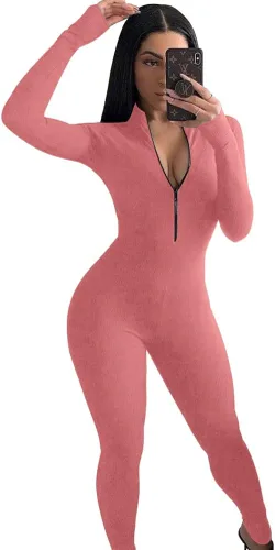 Vista 3 de YETOWA Enterizo ajustado de una pieza para mujer, cuello alto, manga larga, con cremallera, ropa de club