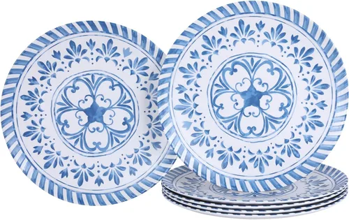 Vista 7 de Juego de platos de melamina Yinshine, juego de platos de cena de 10.75 pulgadas, juego de 6 platos azules con diseño en relieve, irrompibles, uso