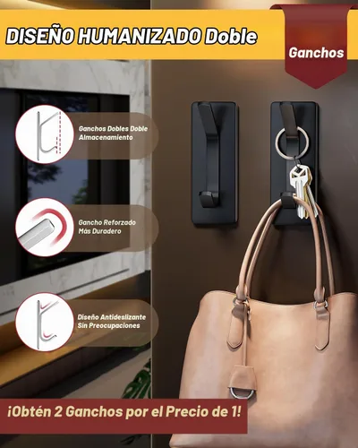 Vista 4 de Auxmir Ganchos adhesivos dobles, paquete de 5 ganchos de acero inoxidable 3.15"x1.18"-Negro
