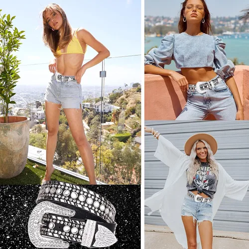 Vista 3 de UnFader Cinturones de diamantes de imitación brillantes para mujer, cinturones de vaquera occidentales con tachuelas para pantalones de mezclilla
