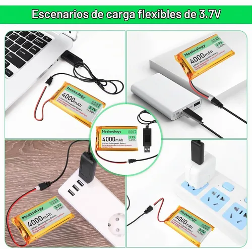 Vista 4 de Batería Li de 3.7 V 4000 mAh con cable de cargador USB 124065 1S LiPo batería con placa de protección, cinta de goma aislada y enchufe micro JST