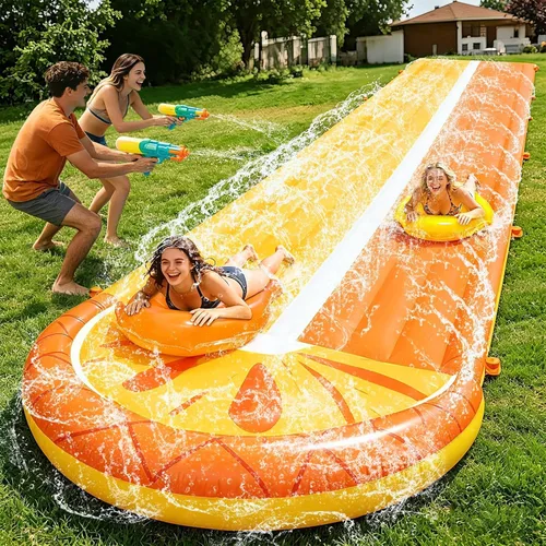 Vista 4 de iGeeKid Toboganes de agua de piña con 2 tablas de bodyboards para niños y adultos, juguetes de agua resistentes, aspersores, 2 carriles de carreras