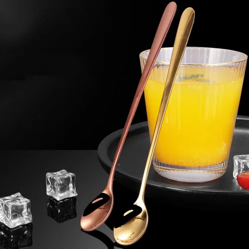 Vista 5 de 4 cucharas de mango largo, cucharas de acero inoxidable de grado alimenticio, cuchara de café para té helado, cucharas doradas, cucharas de mezcla