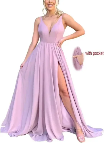 Vista 31 de Vestidos largos de dama de honor para mujer, con abertura, cuello en V, vestido de fiesta formal para boda
