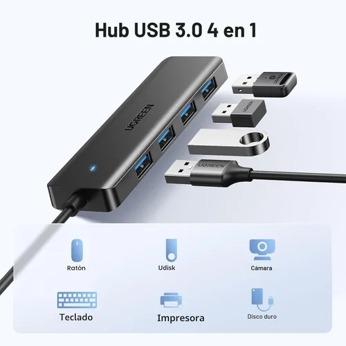 Vista 2 de UGREEN Hub USB 3.0, divisor de 4 puertos USB A ultradelgado expande USB para mouse, teclado, unidad flash, disco U, impresora compatible