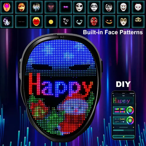 Vista 4 de Máscara LED transformadora facial con aplicación controlada - Máscara LED programable para Halloween máscara luminosa digital para disfraces fiesta