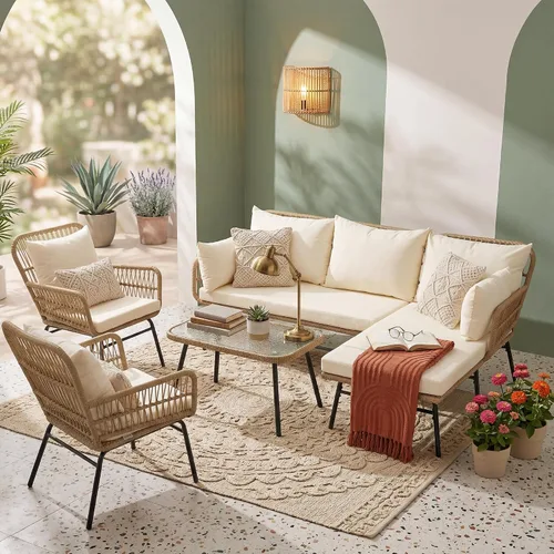 Vista 10 de BULEXYARD Juego de 3 piezas de muebles de patio al aire libre, estilo bohemio, en forma de L, sofá seccional de conversación de mimbre