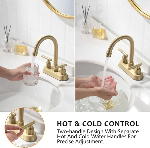 Vista 5 de llave de baño, grifo de fregadero de 2 manijas dorado, grifos de baño dorados, llave de fregadero central de 4 pulgadas con drenaje emergente