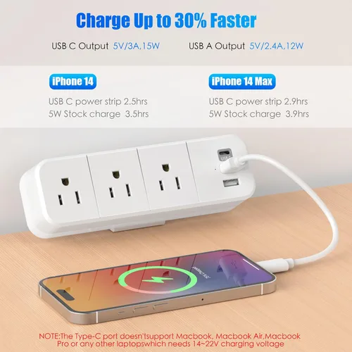 Vista 3 de Regleta de alimentación con abrazadera de escritorio con 2 puertos USB-A y 1 USB-C, 3 salidas de CA, cable de 6 pies, se adapta a borde de mesa