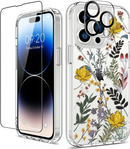 Vista 45 de Funda para iPhone 14 Pro con protector de pantalla, 6.1 pulgadas, transparente de cuerpo completo, a prueba de golpes, diseño floral, para niñas