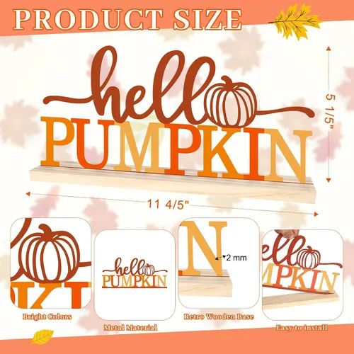 Vista 2 de COCHIE Letrero de Metal Hello Pumpkin, Decoraciones de Otoño Naranjas para Casa, Oficina, Estante, Repisa de Chimenea, Interior, Decoración