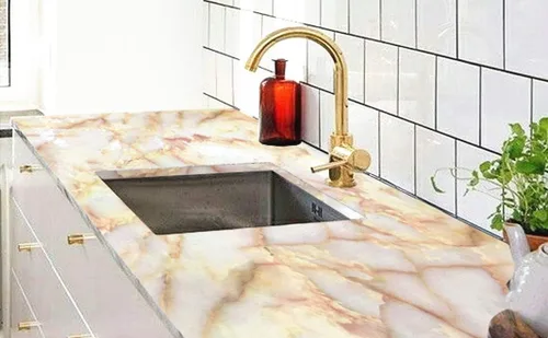 Vista 4 de UPREDO Papel adhesivo de mármol brillante Emperor Jade Backsplash Papel adhesivo de granito para encimeras de película de vinilo impermeable a