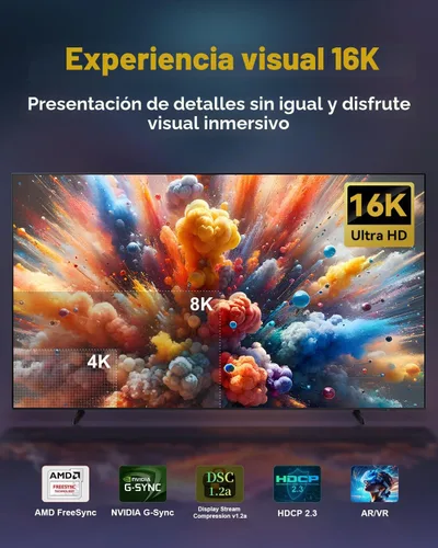 Vista 4 de Cable Displayport 2.1 de 80 Gbps, cable DP de 6.6 pies [DP80, 16K @60Hz, 8K @120Hz, 4K@240Hz, HDR10, HDCP2.3, DSC 1.2a], cable de puerto de pantalla
