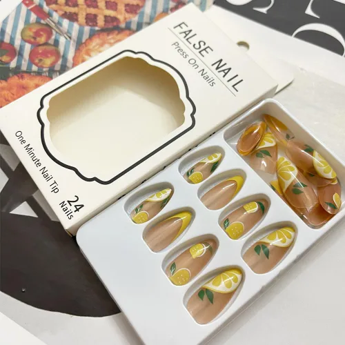 Vista 2 de Uñas postizas a presión de verano, uñas postizas de almendra mediana, uñas postizas de limón, uñas acrílicas de cobertura completa, uñas adhesivas