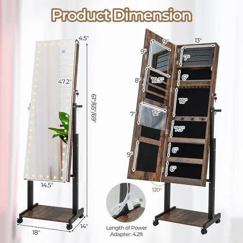 Vista 8 de CHARMAID Armario de joyería con espejo LED de longitud completa, 3 alturas ajustables, hasta 69 pulgadas, soporte para aretes, organizador de joyas