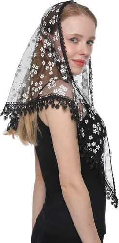 Vista 2 de LMVERNA Triángulo de encaje Mantilla velo de tul bufanda que cubre el velo de la iglesia para las damas de honor de la boda de la misa