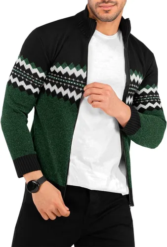 Vista 2 de Karlywindow Suéter de punto con cremallera completa para hombre, de algodón, casual, cuello alto, estilo noruego, chaqueta