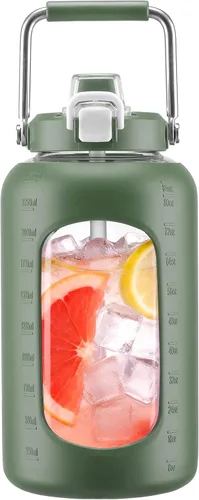 Vista 13 de WINSA - Botella de agua de vidrio de 84 onzas con pajita, 2.5 litros, ámbar Botella de beber de galón, con asa, funda de silicona para deportes