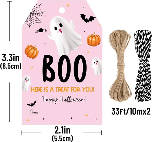 Vista 2 de jijAcraft Etiquetas de Halloween con cuerda, 50 etiquetas de regalo de papel de feliz Halloween, 3.3 x 2.1 pulgadas, diseño de fantasma rosa, un