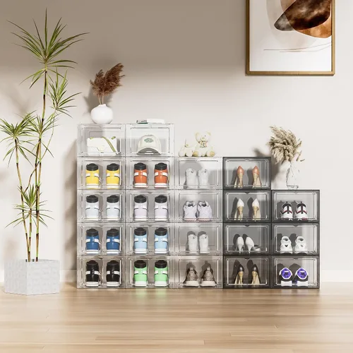 Vista 2 de Cajas organizadoras de almacenamiento de zapatos apilables de acrílico transparente, paquete de 6 unidades, estante para zapatos y sustituto