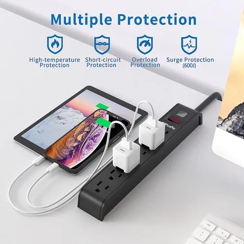Vista 3 de Protector contra sobretensiones, cable de extensión de 4 pies, protección contra sobretensiones de 600 julios, protección múltiple de 6 tomas