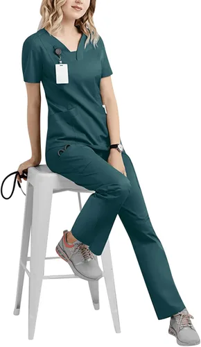 Vista 3 de Conjunto de uniforme médico para mujer, elástico en 4 direcciones, bolsillos ligeros, cuello en V, conjunto de ropa quirúrgica con cordón elástico