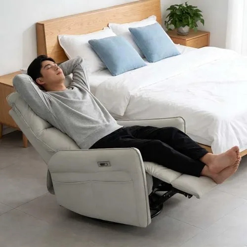 Vista 2 de Silla reclinable eléctrica giratoria mecedora eléctrica con carga USB, piel sintética para sala de estar y dormitorio (gris claro)