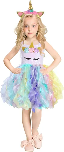 Vista 2 de PARTISKY Vestido de unicornio de Halloween para niñas, 3-10 años, disfraz de unicornio con lentejuelas, vestido tutú de princesa para fiesta