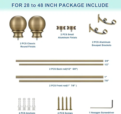Vista 4 de Barras de cortina dobles con soportes de aluminio para ramo y remates redondos, barras de cortina de bronce antiguo para ventanas de 28 a 48