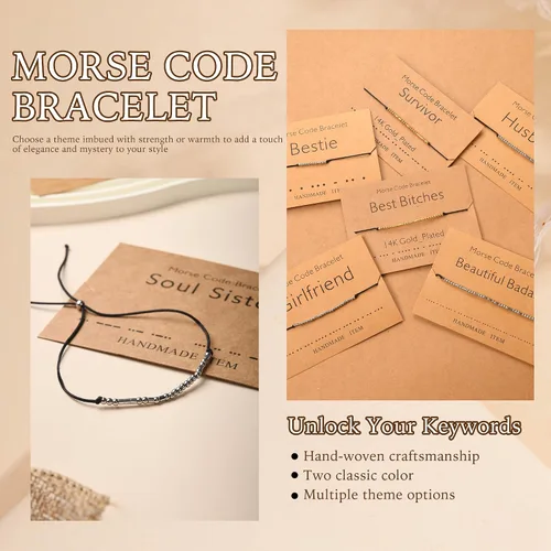 Vista 4 de SANNYRA Pulsera ajustable con código morse, mensaje secreto, joyería de moda para mujer, cuentas chapadas en oro de 14 quilates en cordón de seda