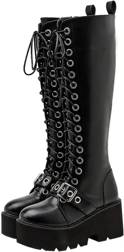 Vista 52 de Parisuit Botas góticas altas hasta la rodilla con hebilla de plataforma para mujer, tacón alto grueso, con cordones, botas de combate punk, con Negro