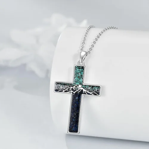 Vista 2 de YFN Collar de cruz de plata de ley, colgante de montaña y océano, joyería religiosa, regalos para mujeres y hombres