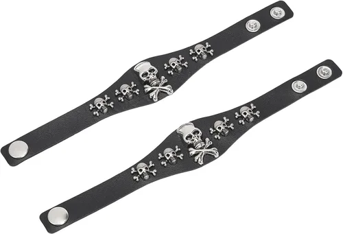 Vista 7 de Pulsera de calavera punk, brazalete de esqueleto de piel sintética para fiestas de Halloween, color negro