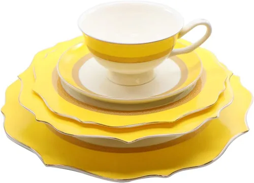 Vista 4 de Royalty Porcelain - Juego de vajilla de 20 piezas, color amarillo de lujo, porcelana prémium