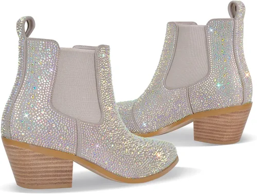 Vista 2 de VERISSON Point Toe Western Botas Chelsea Silver Glitter Rhinestone Block Tacón Vaquero Botín 6CM