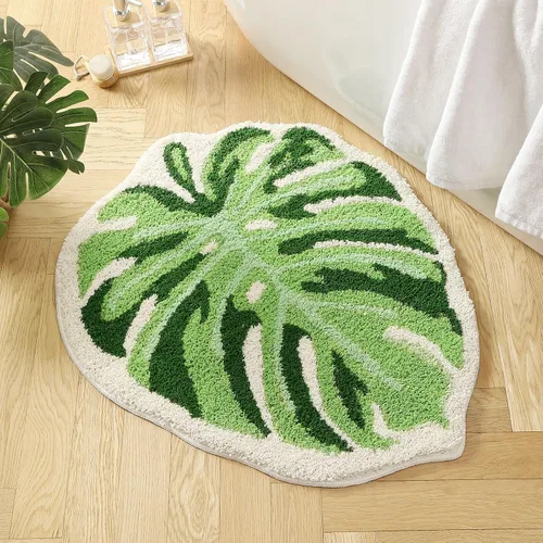 Vista 6 de Litabel Juego de Alfombras de Baño de Hoja Verde de 2 Piezas, Lindas Alfombrillas de Baño Antideslizantes en Forma de Monstera de Felpa, Juego
