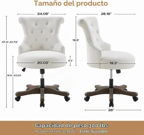 Vista 2 de HUIMO Silla de oficina en casa, sillas de escritorio tapizadas sin brazos con ruedas, altura ajustable, silla de escritorio para computadora