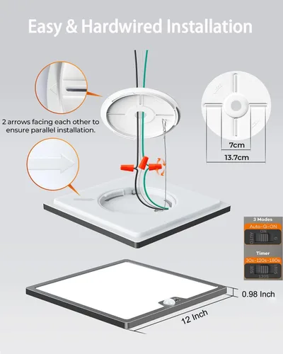 Vista 6 de Annaror Luz de techo con sensor de movimiento de 12 pulgadas cableada, 3000K 4000K 5000K seleccionable, luz de techo cuadrada de montaje empotrado