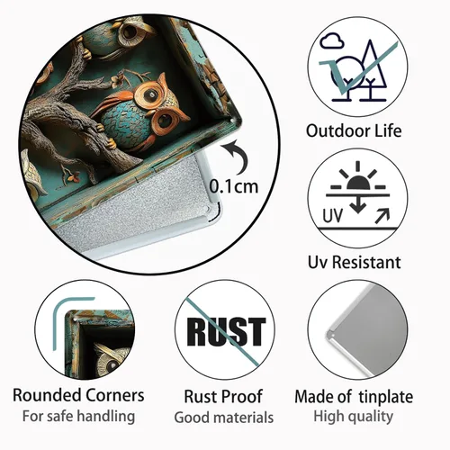 Vista 4 de Letrero de lata de búhos con diseño de efecto visual 3D, póster de metal para decoración de pared para el hogar, patio, cocina, restaurante