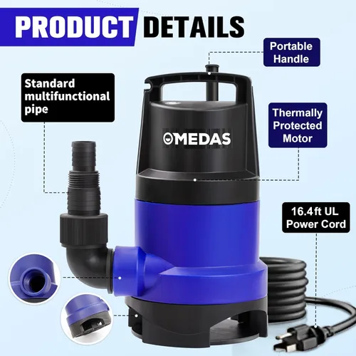Vista 2 de MEDAS 1HP 3434 GPH Bomba de Sumidero Sumergible Bomba de Agua Limpia/Sucia Bomba Utilitaria Portátil con Cable de 16.4 pies para Piscina Jardín