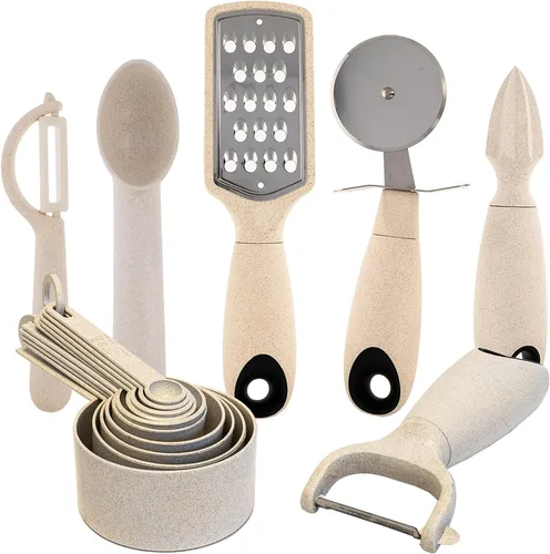 Vista 11 de Beille Juego de 3 cucharas de paja de trigo y cucharón de cocina para hornear, color crema