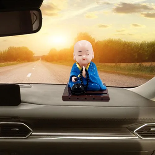 Vista 7 de Gralara Figura de pequeño monje, juguetes solares bailando muñecas con cabeza agitada, adorno de coche de estatua de monjes de Buda, juguete