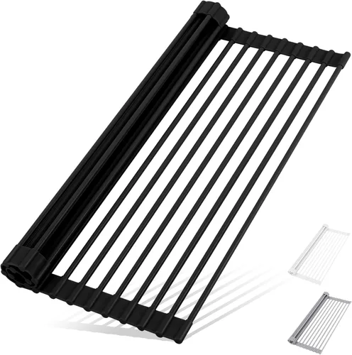 Vista 9 de HANZENMA Estante triangular para fregadero, estante multifuncional sobre la encimera, esterilla plegable para secar el fregadero, resistente al Negro